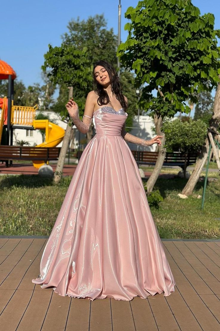 Elegant Pink Satin Beaded Evening Dress Formal Prom Dress With Gloves - VelvetHem