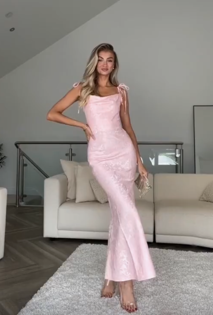 Pretty Straps Floral Print Prom Evening Gown Pink Mermaid Party Dress - VelvetHem