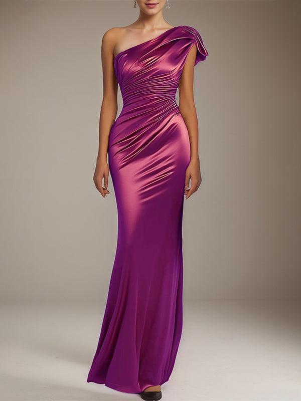 Formal Party Satin Dress Purple One-Shoulder Pleated Floor-Length Dress