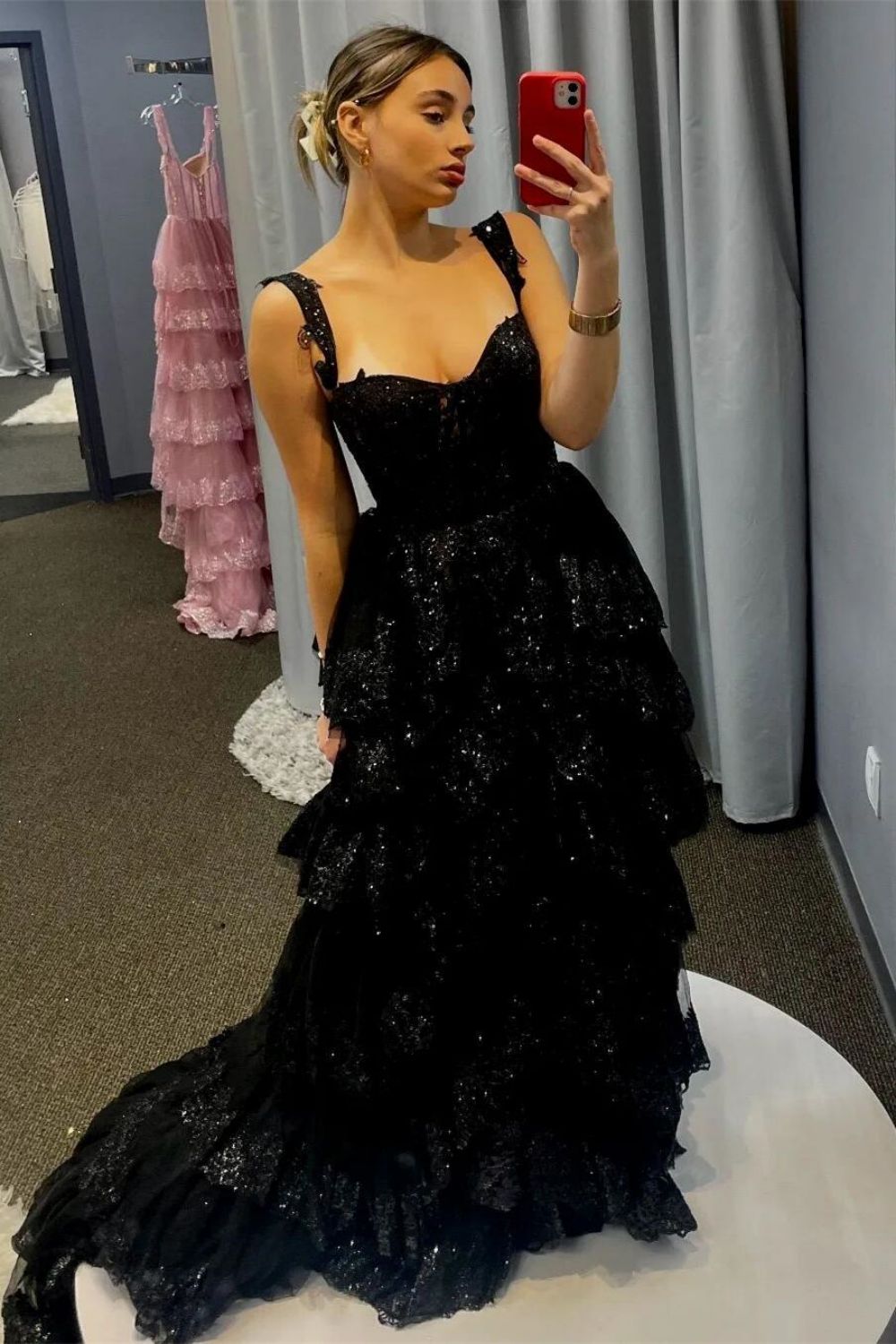 Princess A Line Sweetheart Silver Corset Prom Dress with Lace Ruffles - View 10 | VelvetHem