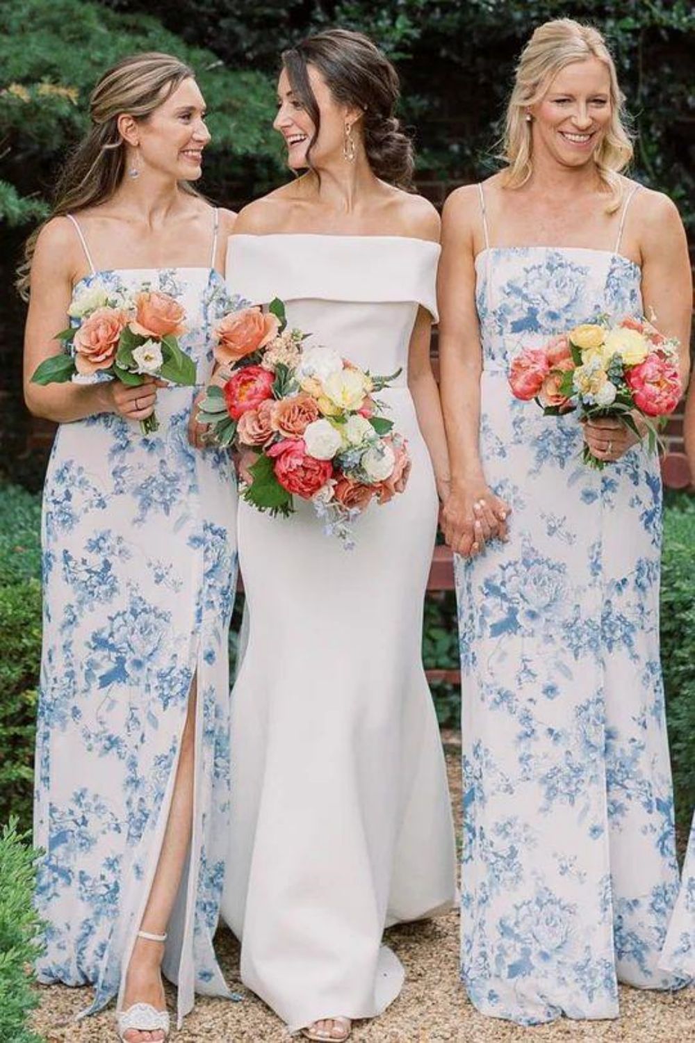 Gorgeous Spaghetti Straps Blue Floral Printed Long Bridesmaid Dress with Split Front - VelvetHem