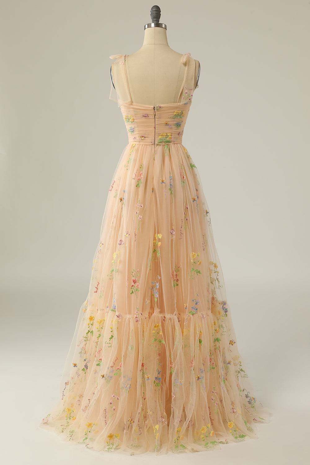 Elegant A Line Spaghetti Straps Champagne Long Prom Dress with Embroidery - View 2 | VelvetHem