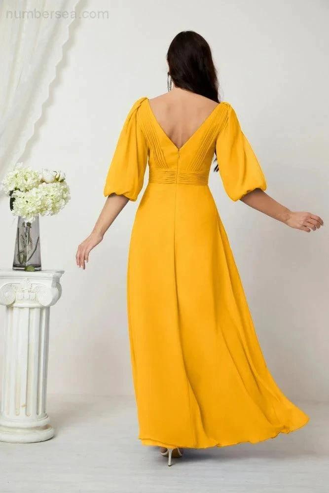 ZapDress Formal Prom Gown Women V-Neck Chiffon Bridesmaid Dresses Long Bishop Sleeve Party Dress 2807 (ZD17027)