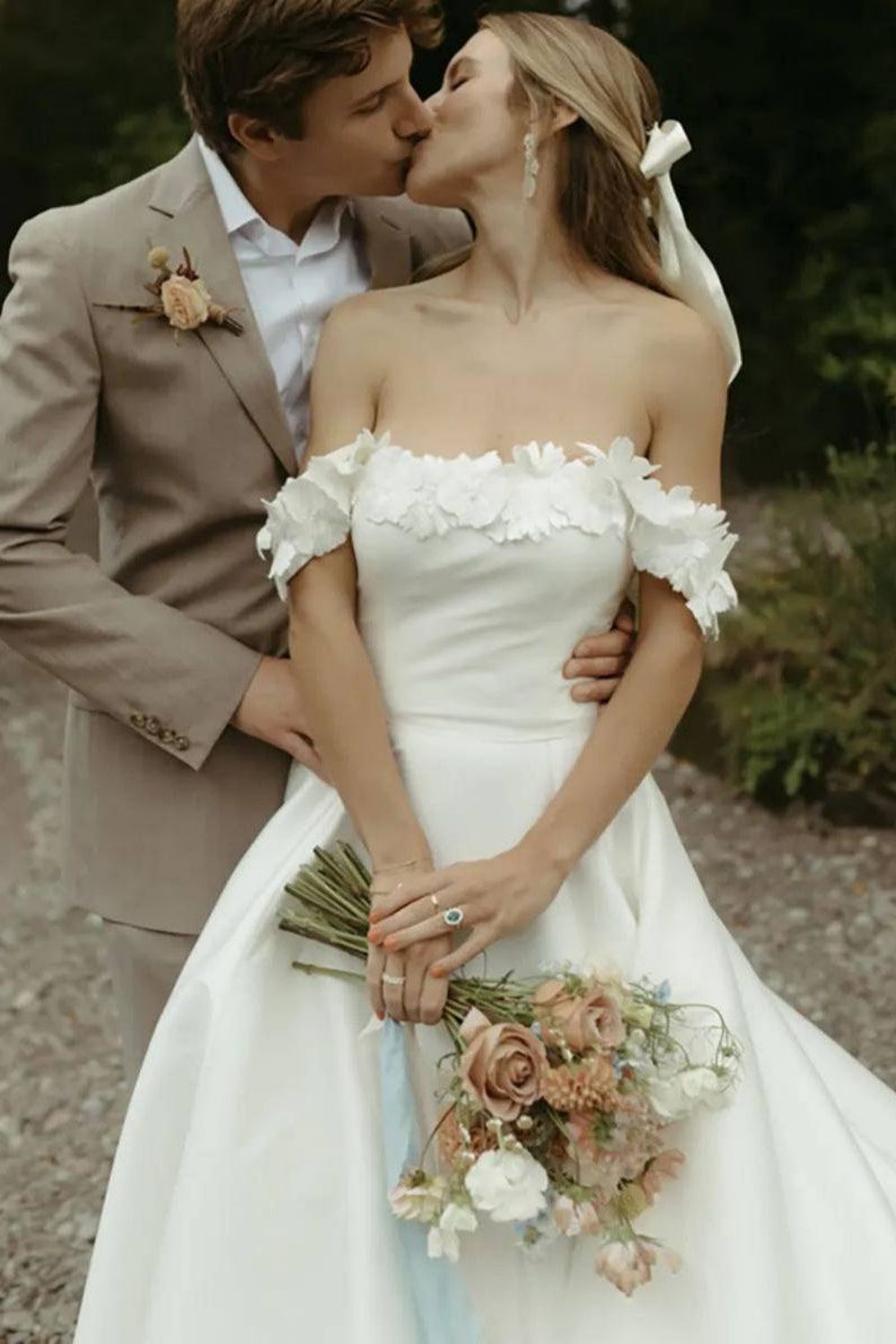 Gorgeous A Line Off the Shoulder White Bridal Dress with Flowers - View 3 | VelvetHem