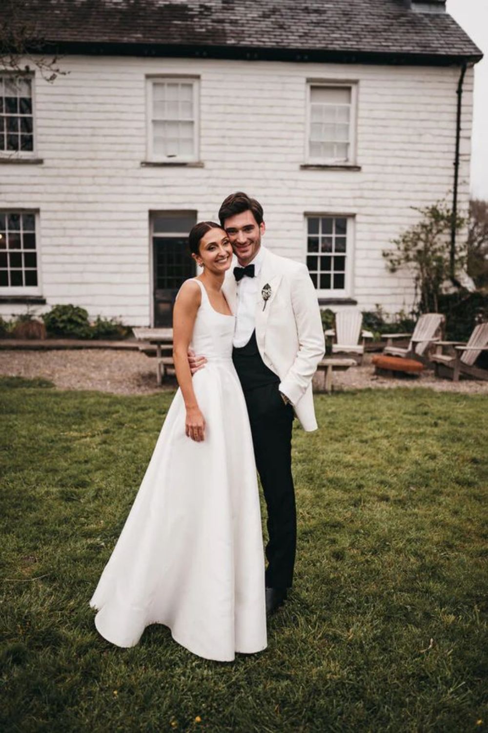 Charming A Line Square Neck White Long Wedding Dress with Button UP - View 4 | VelvetHem