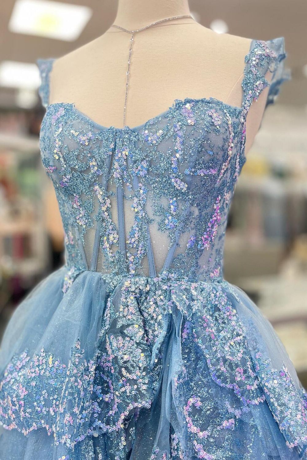 Princess A Line Sweetheart Silver Corset Prom Dress with Lace Ruffles - View 5 | VelvetHem