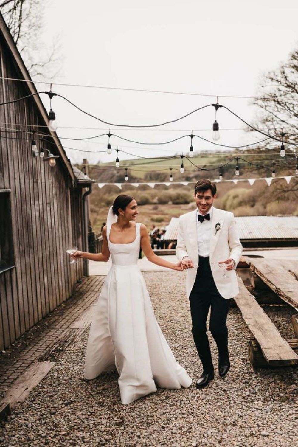 Charming A Line Square Neck White Long Wedding Dress with Button UP - View 5 | VelvetHem