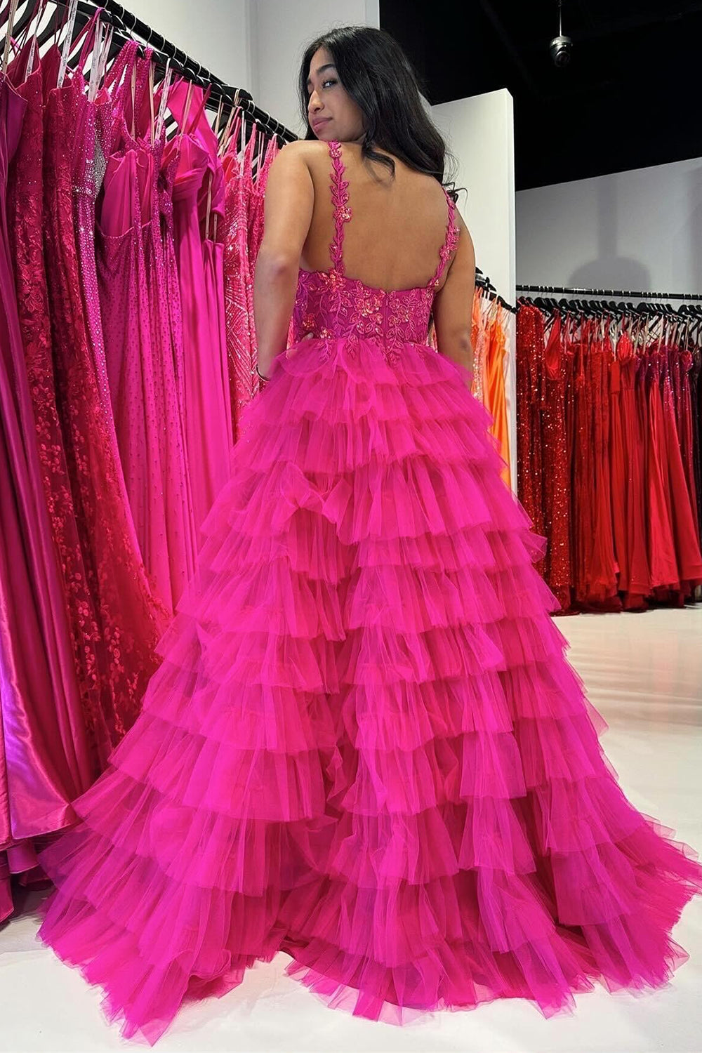 Gorgeous A Line V Neck Fuchsia/Royal Blue Long Prom Dress with Appliques