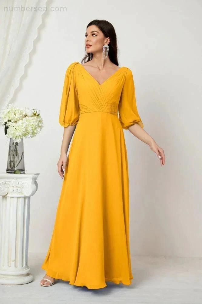 ZapDress Formal Prom Gown Women V-Neck Chiffon Bridesmaid Dresses Long Bishop Sleeve Party Dress 2807 (ZD17027)