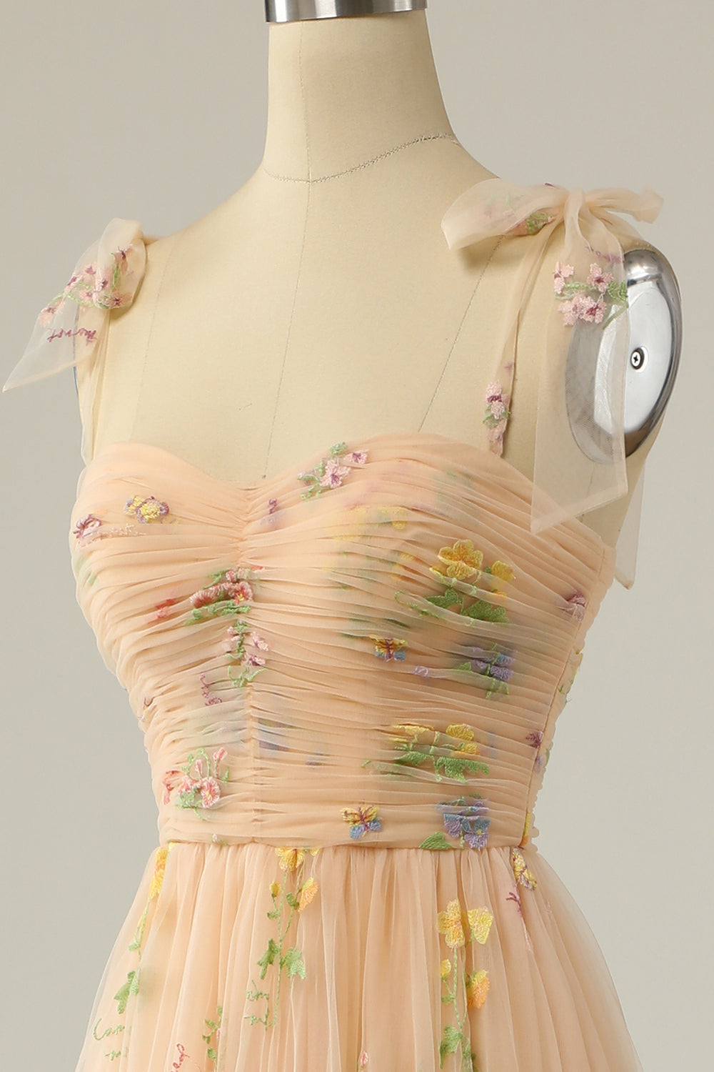 Elegant A Line Spaghetti Straps Champagne Long Prom Dress with Embroidery - View 5 | VelvetHem