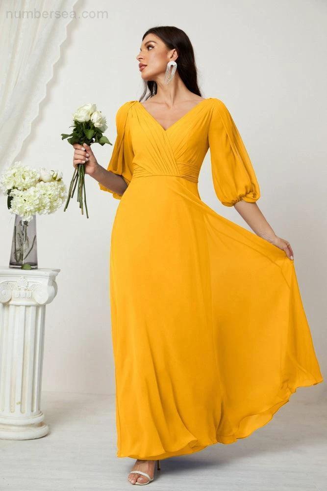 ZapDress Formal Prom Gown Women V-Neck Chiffon Bridesmaid Dresses Long Bishop Sleeve Party Dress 2807 (ZD17027)