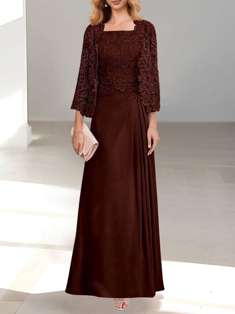 2 A Line Scoop Mother of the Bride Dress with Pleated & Lace Appliques Long