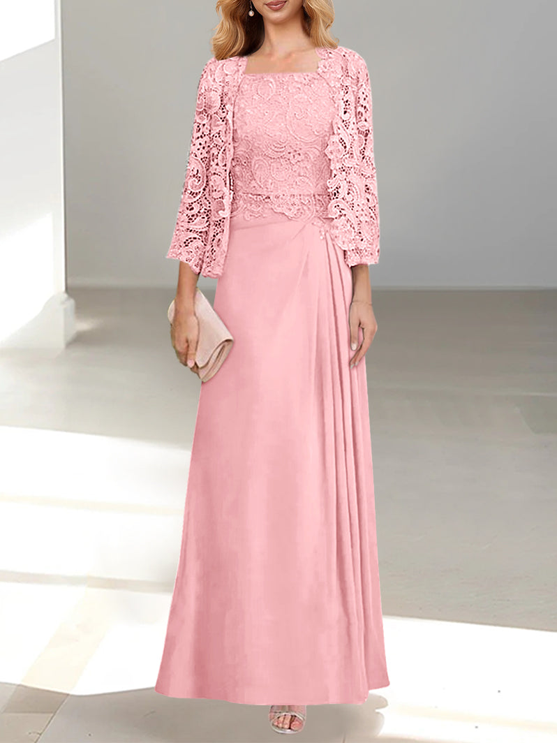 2 A Line Scoop Mother of the Bride Dress with Pleated & Lace Appliques Long