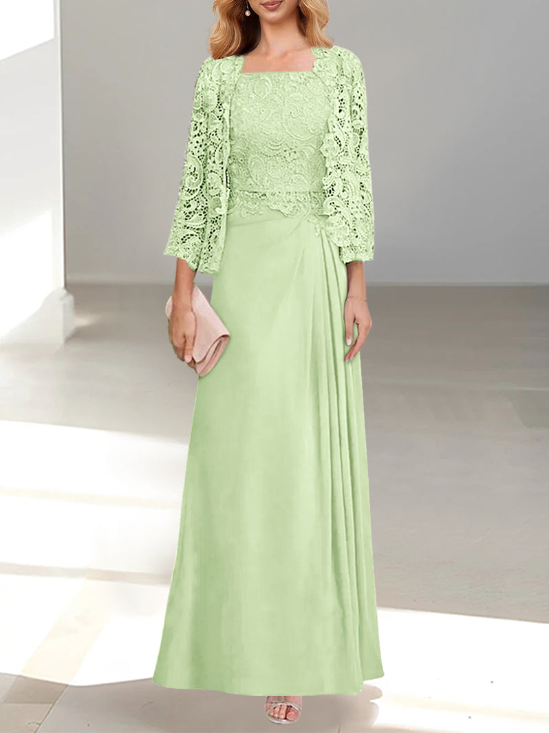 2 A Line Scoop Mother of the Bride Dress with Pleated & Lace Appliques Long