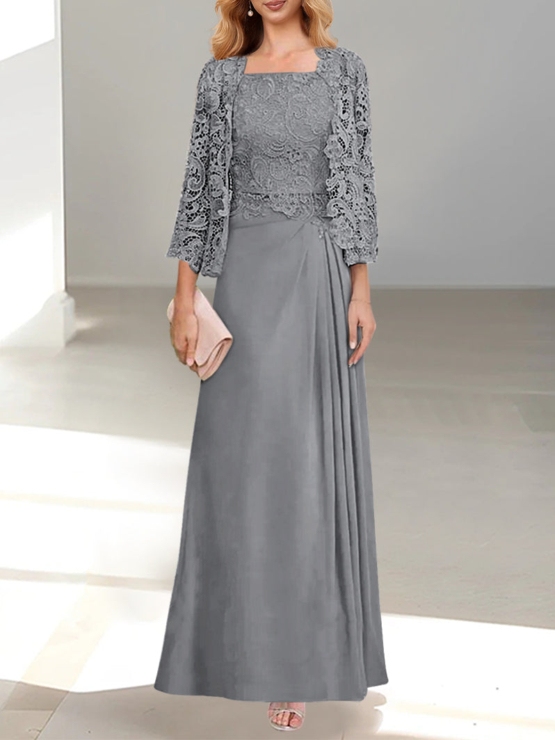 2 A Line Scoop Mother of the Bride Dress with Pleated & Lace Appliques Long