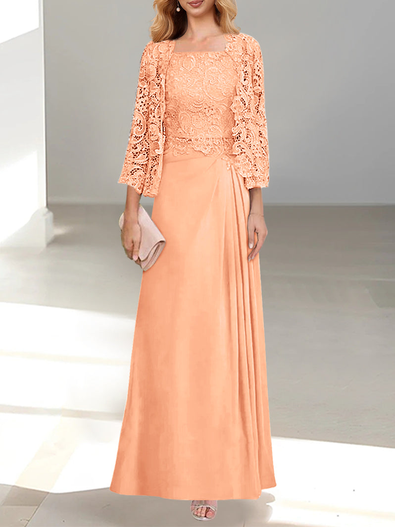2 A Line Scoop Mother of the Bride Dress with Pleated & Lace Appliques Long