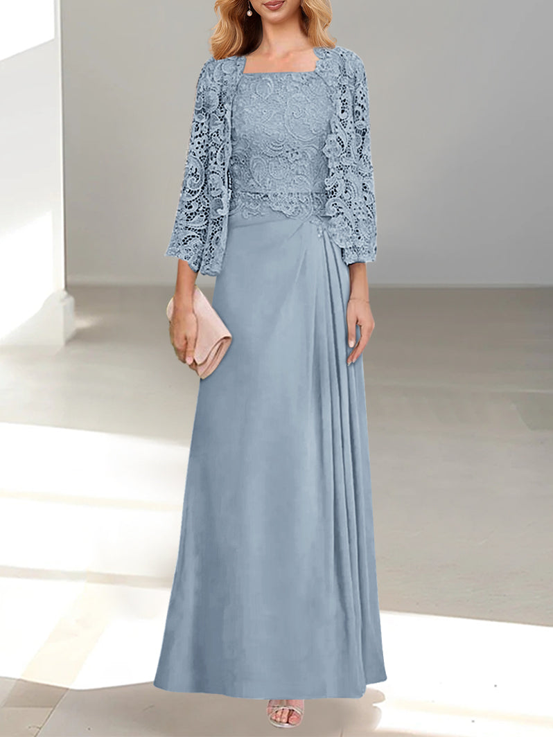 2 A Line Scoop Mother of the Bride Dress with Pleated & Lace Appliques Long
