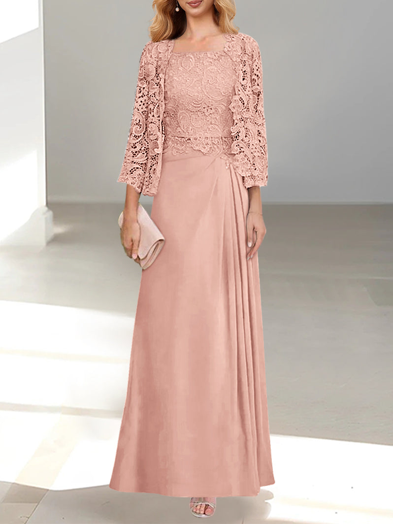 2 A Line Scoop Mother of the Bride Dress with Pleated & Lace Appliques Long