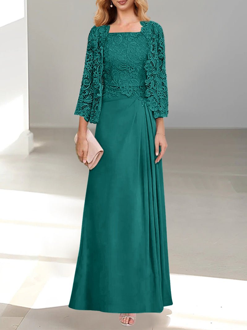 2 A Line Scoop Mother of the Bride Dress with Pleated & Lace Appliques Long