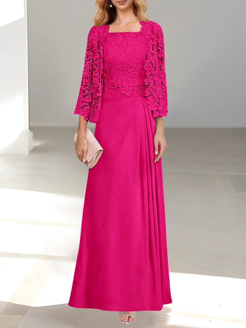 2 A Line Scoop Mother of the Bride Dress with Pleated & Lace Appliques Long