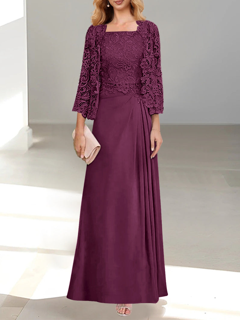 2 A Line Scoop Mother of the Bride Dress with Pleated & Lace Appliques Long
