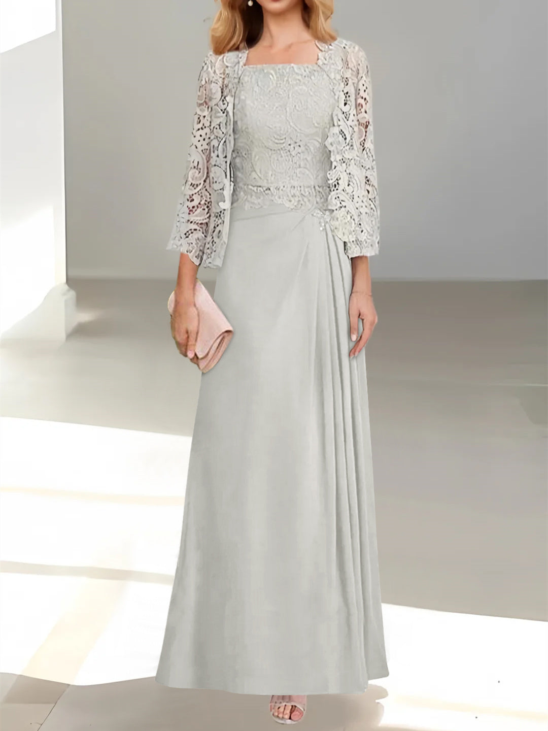 2 A Line Scoop Mother of the Bride Dress with Pleated & Lace Appliques Long