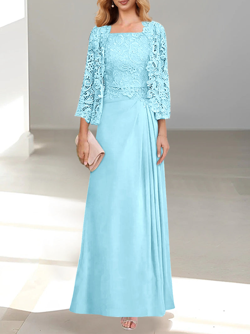 2 A Line Scoop Mother of the Bride Dress with Pleated & Lace Appliques Long