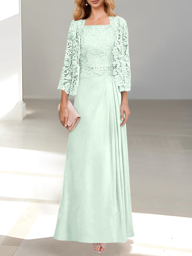 2 A Line Scoop Mother of the Bride Dress with Pleated & Lace Appliques Long