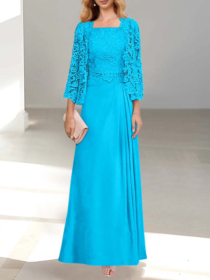 2 A Line Scoop Mother of the Bride Dress with Pleated & Lace Appliques Long