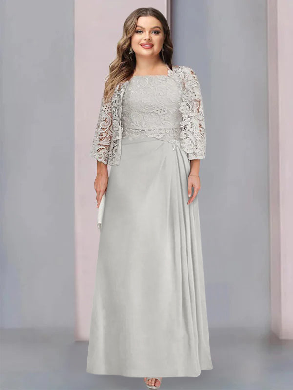 2 A Line Scoop Mother of the Bride Dress with Pleated & Lace Appliques Long