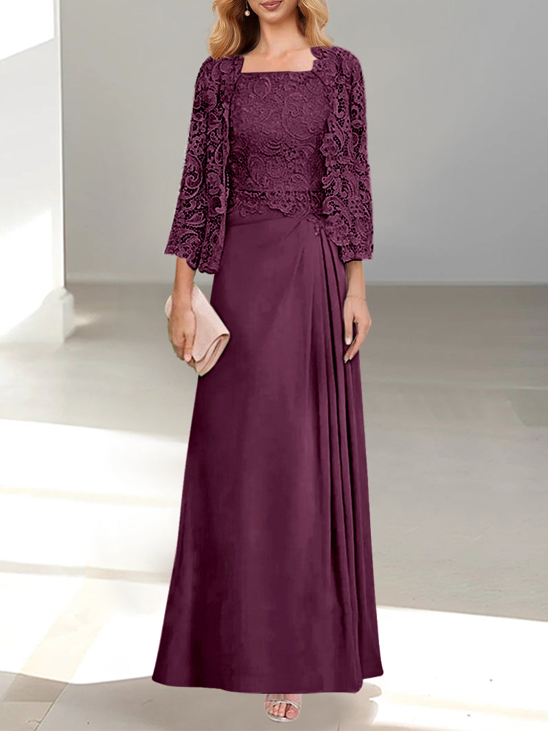 2 A Line Scoop Mother of the Bride Dress with Pleated & Lace Appliques Long