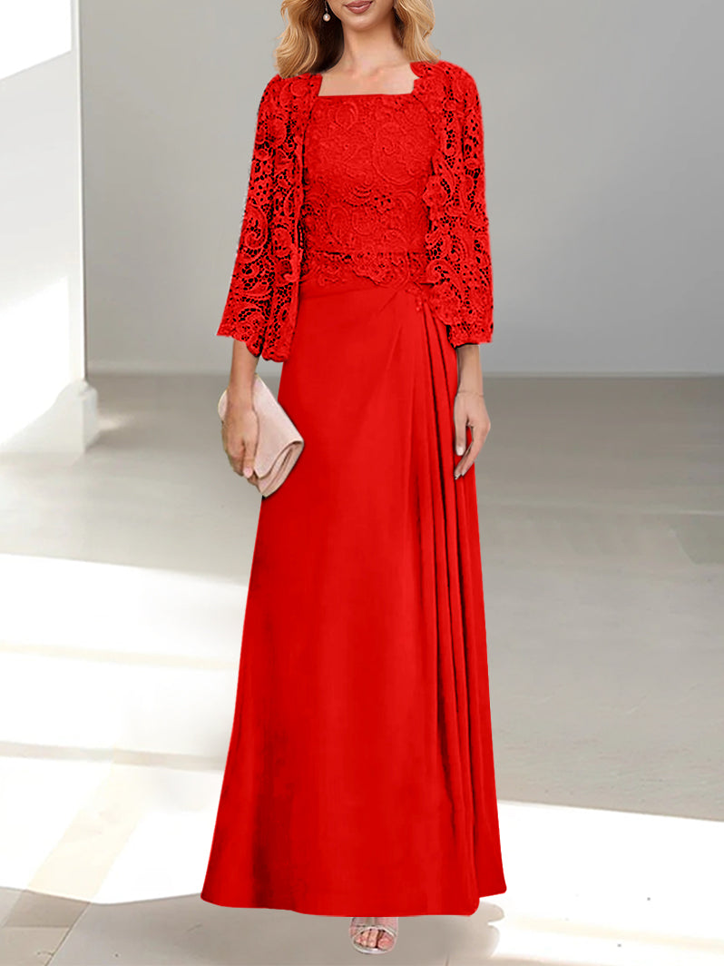 2 A Line Scoop Mother of the Bride Dress with Pleated & Lace Appliques Long