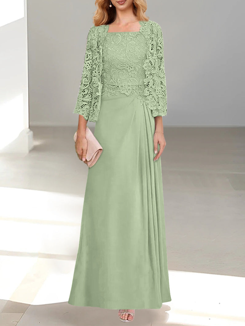 2 A Line Scoop Mother of the Bride Dress with Pleated & Lace Appliques Long