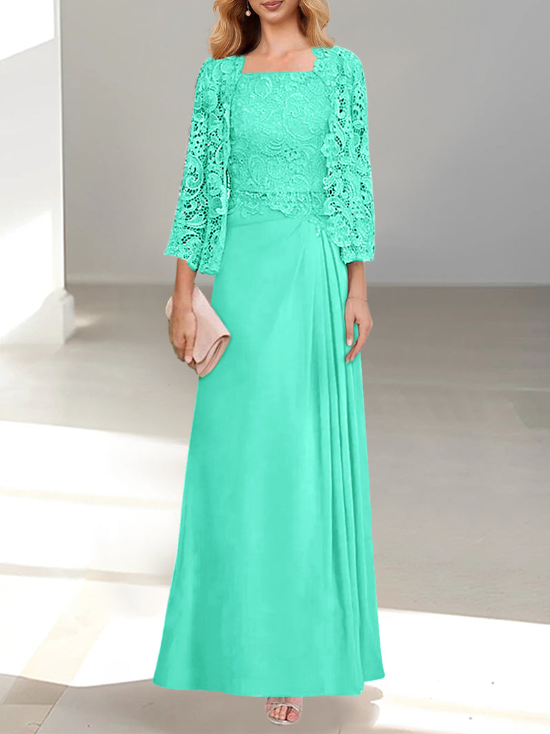 2 A Line Scoop Mother of the Bride Dress with Pleated & Lace Appliques Long