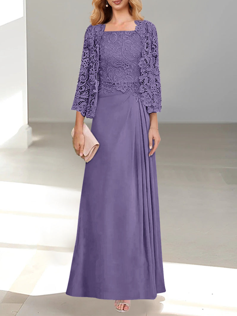 2 A Line Scoop Mother of the Bride Dress with Pleated & Lace Appliques Long
