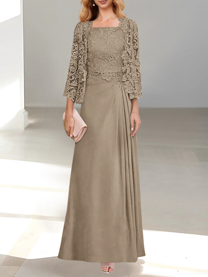2 A Line Scoop Mother of the Bride Dress with Pleated & Lace Appliques Long
