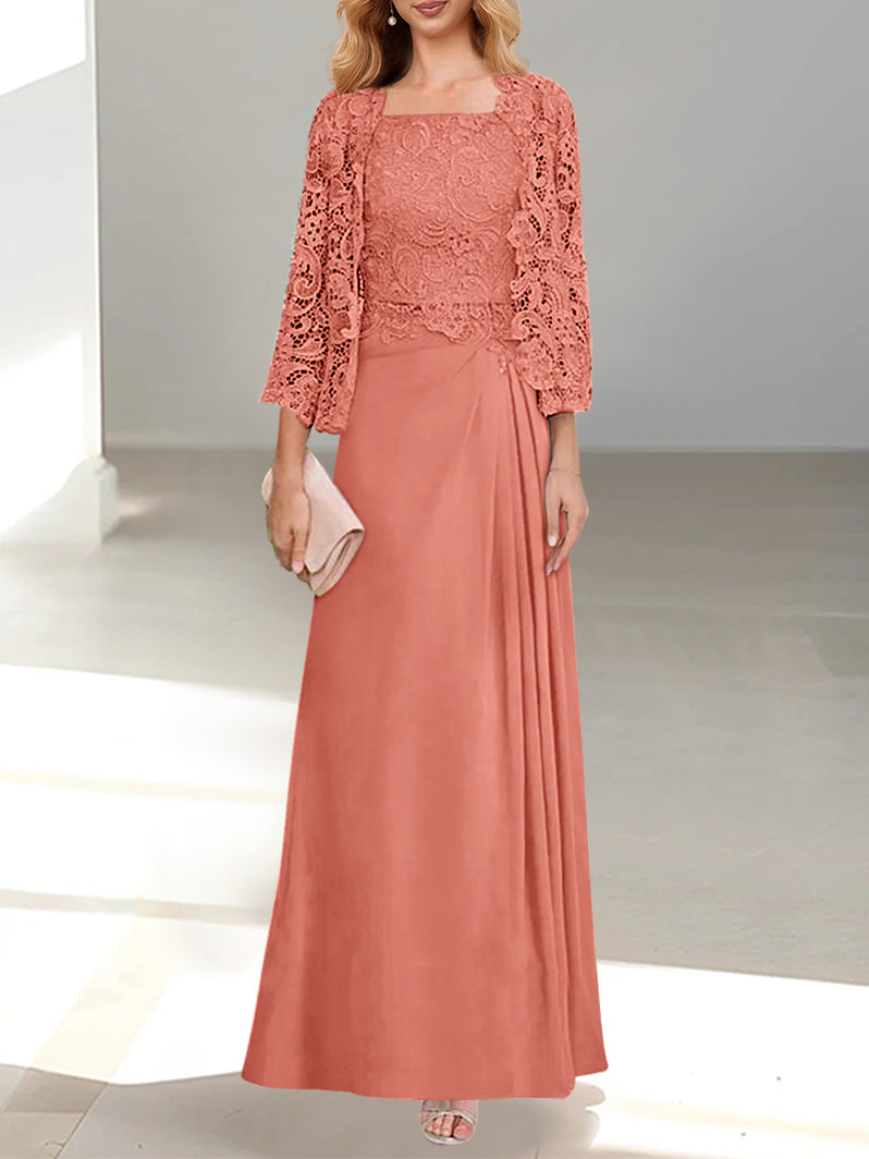 2 A Line Scoop Mother of the Bride Dress with Pleated & Lace Appliques Long