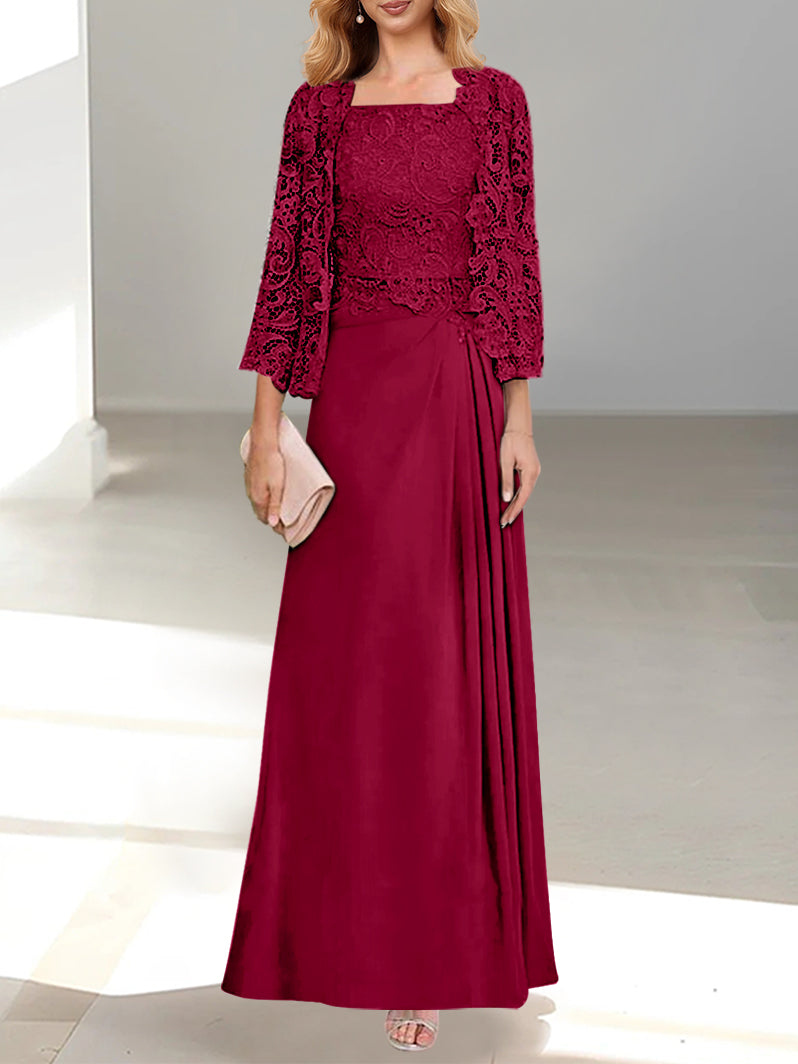 2 A Line Scoop Mother of the Bride Dress with Pleated & Lace Appliques Long