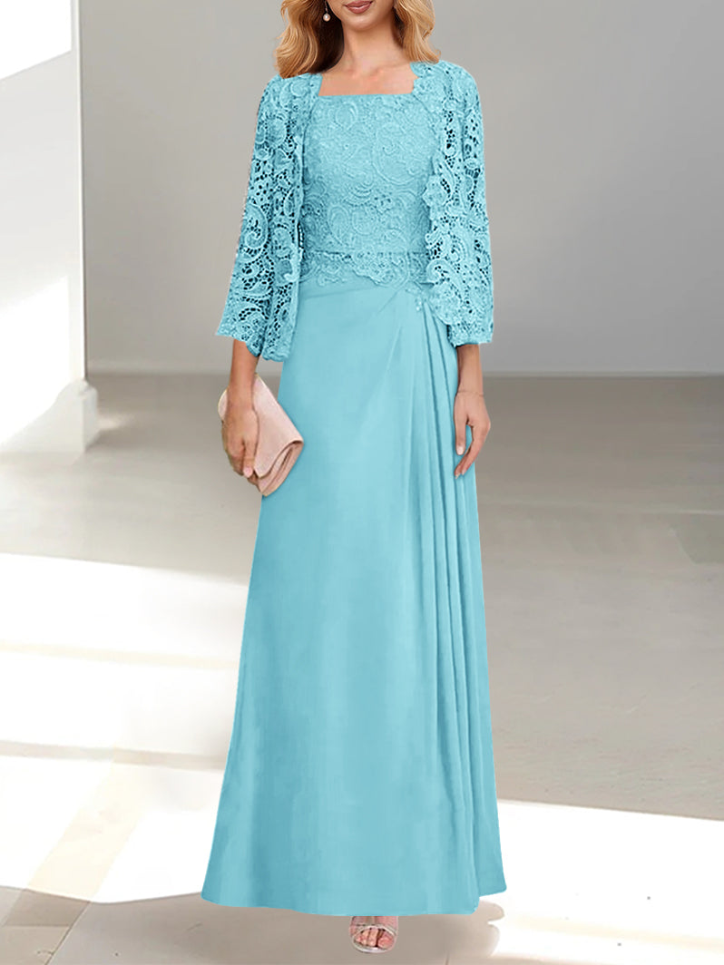 2 A Line Scoop Mother of the Bride Dress with Pleated & Lace Appliques Long