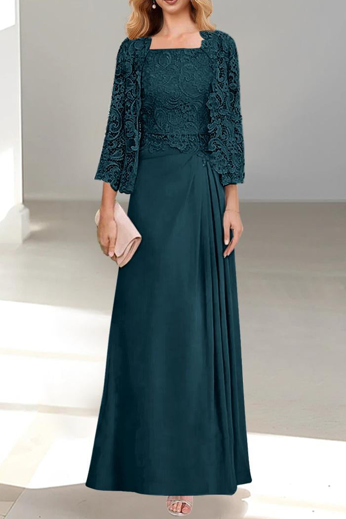 2 A Line Scoop Mother of the Bride Dress with Pleated & Lace Appliques Long