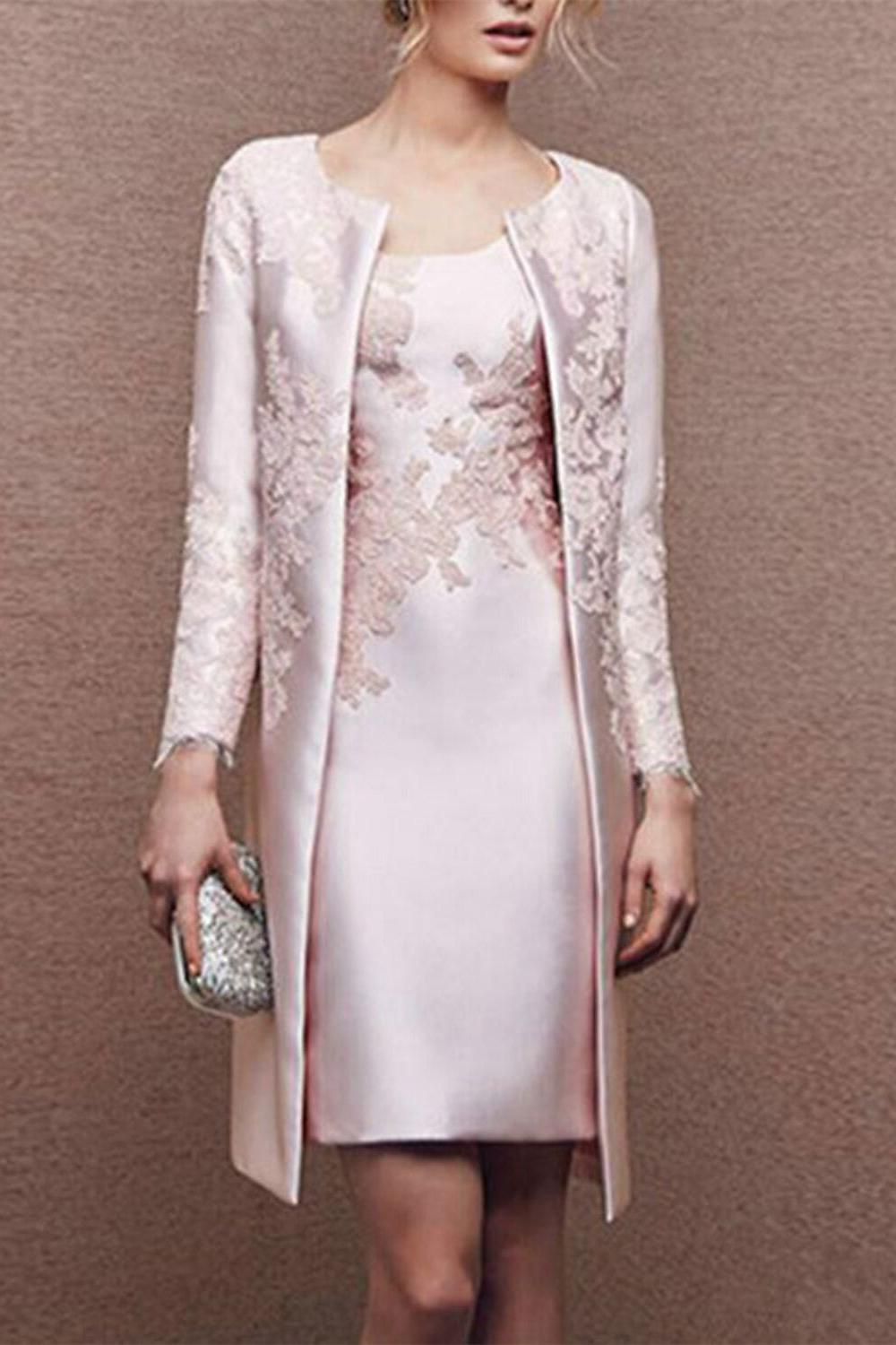 2 Knee Length Satin Lace Sheath Dress for Mothers of the Bride Sleeveless with Appliques