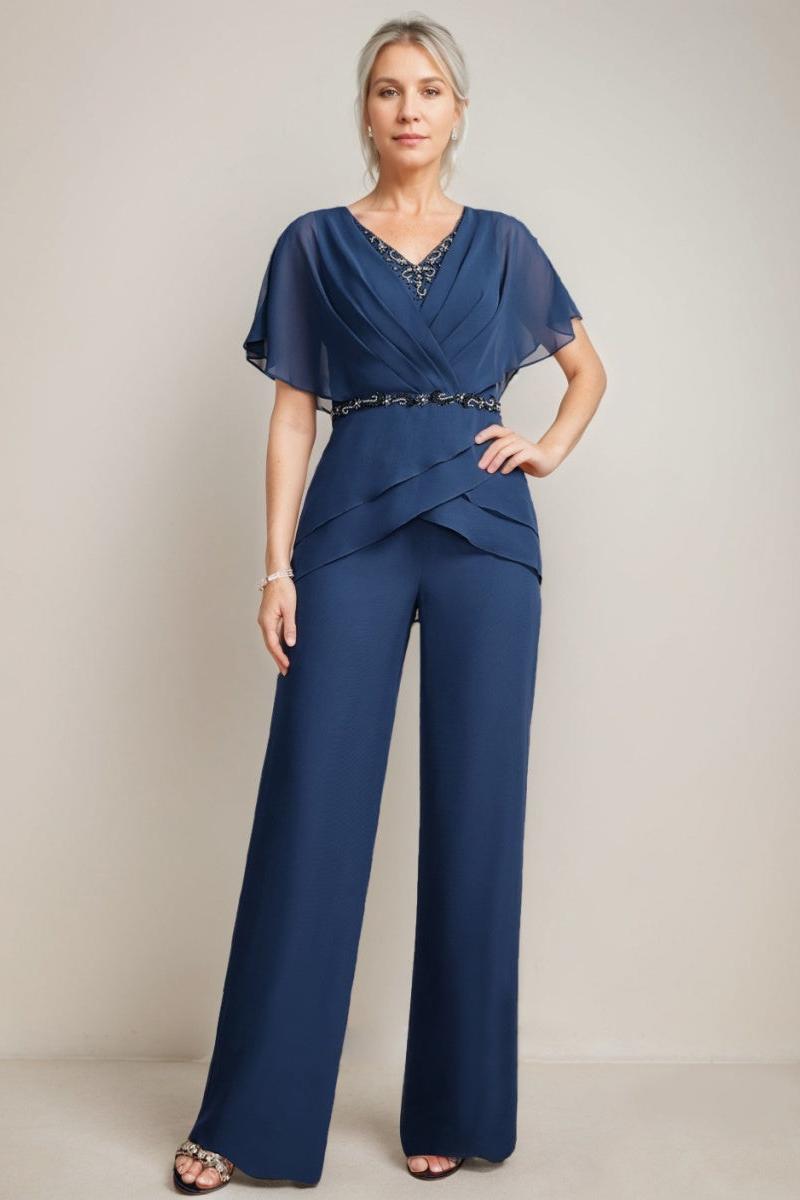 2 Mother of the Bride Pantsuits with V Neck Ruched Detail Flutter Sleeves and Long Beading