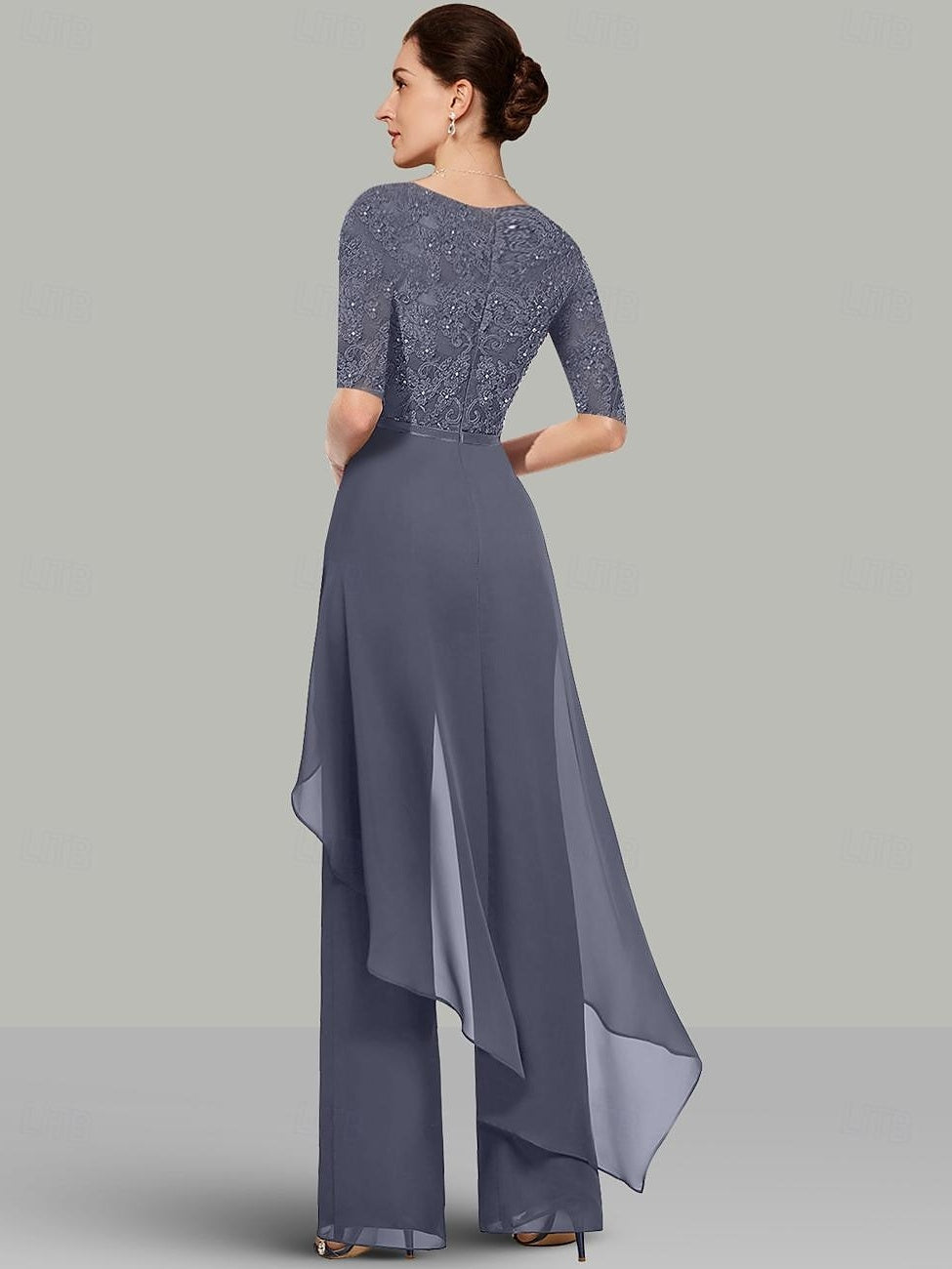 2 Piece Chiffon Mother of the Bride Pantsuit with Jewel Neck Half Sleeves and Long Design featuring Lace & Ruffles