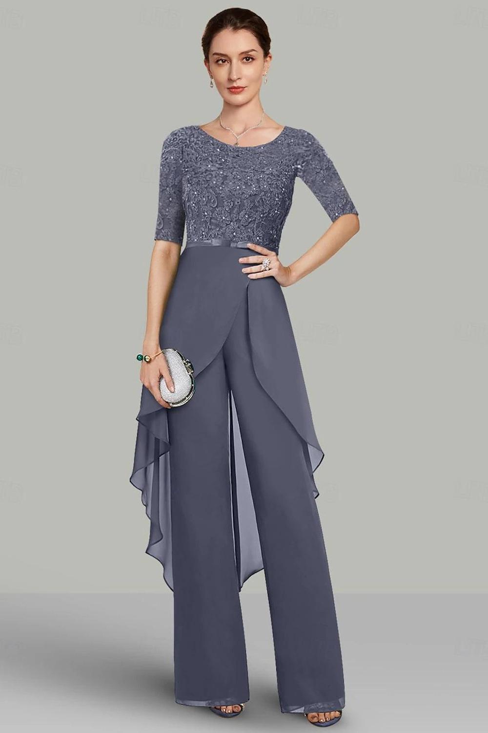 2 Piece Chiffon Mother of the Bride Pantsuit with Jewel Neck Half Sleeves and Long Design featuring Lace & Ruffles