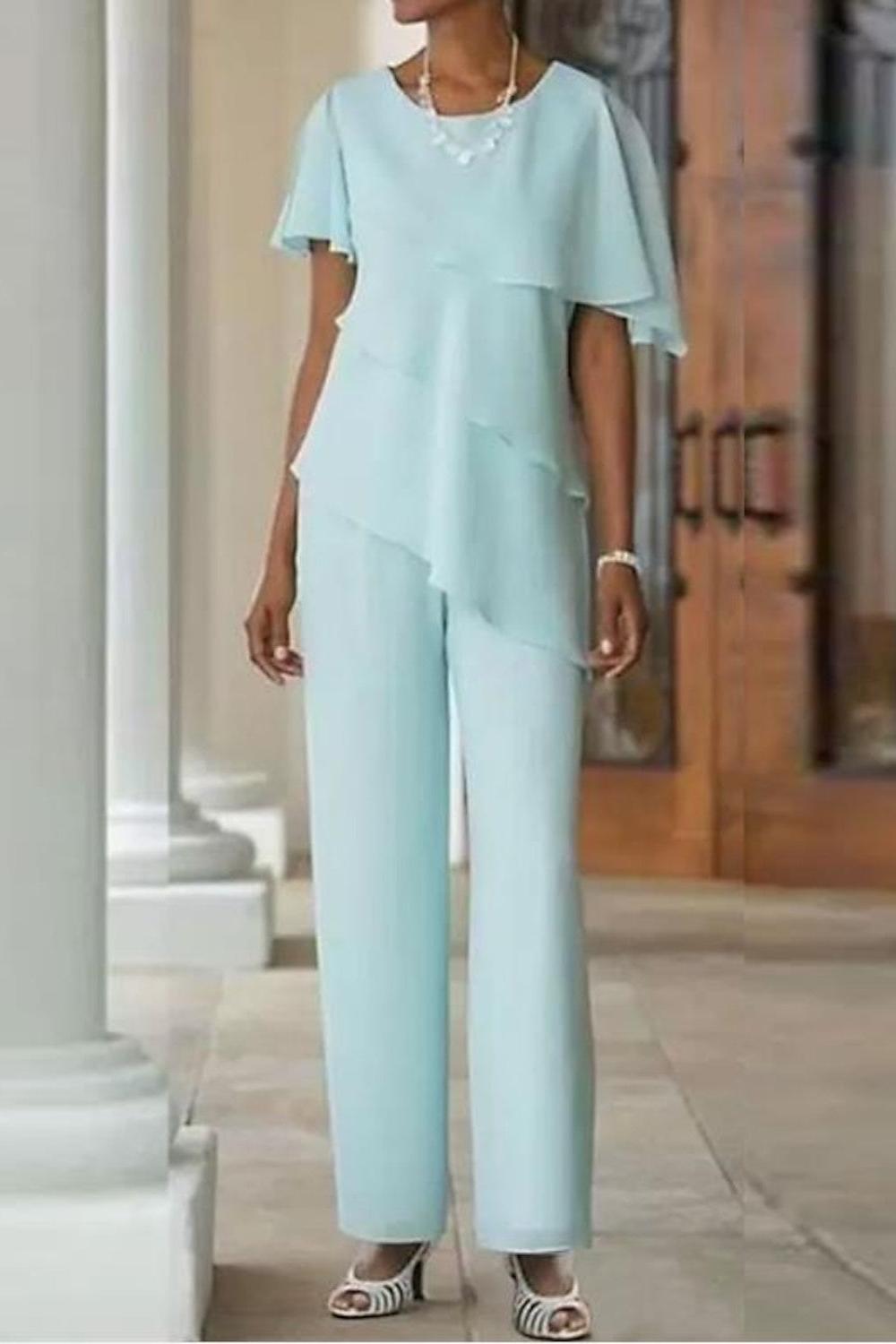 2 Piece Long Mother of the Bride Jumpsuit with Jewel Neckline