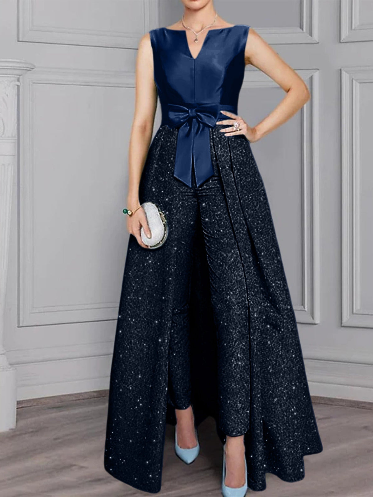 2 Piece Long Sleeve Mother of the Bride Pantsuit with Sash and Sequins