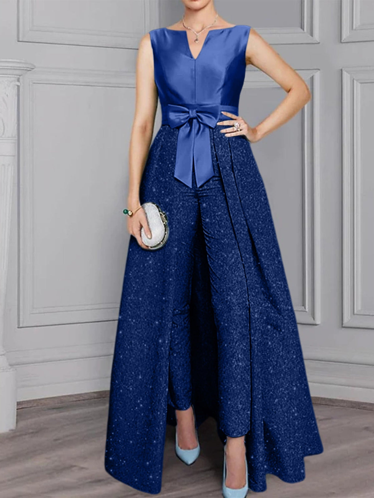 2 Piece Long Sleeve Mother of the Bride Pantsuit with Sash and Sequins