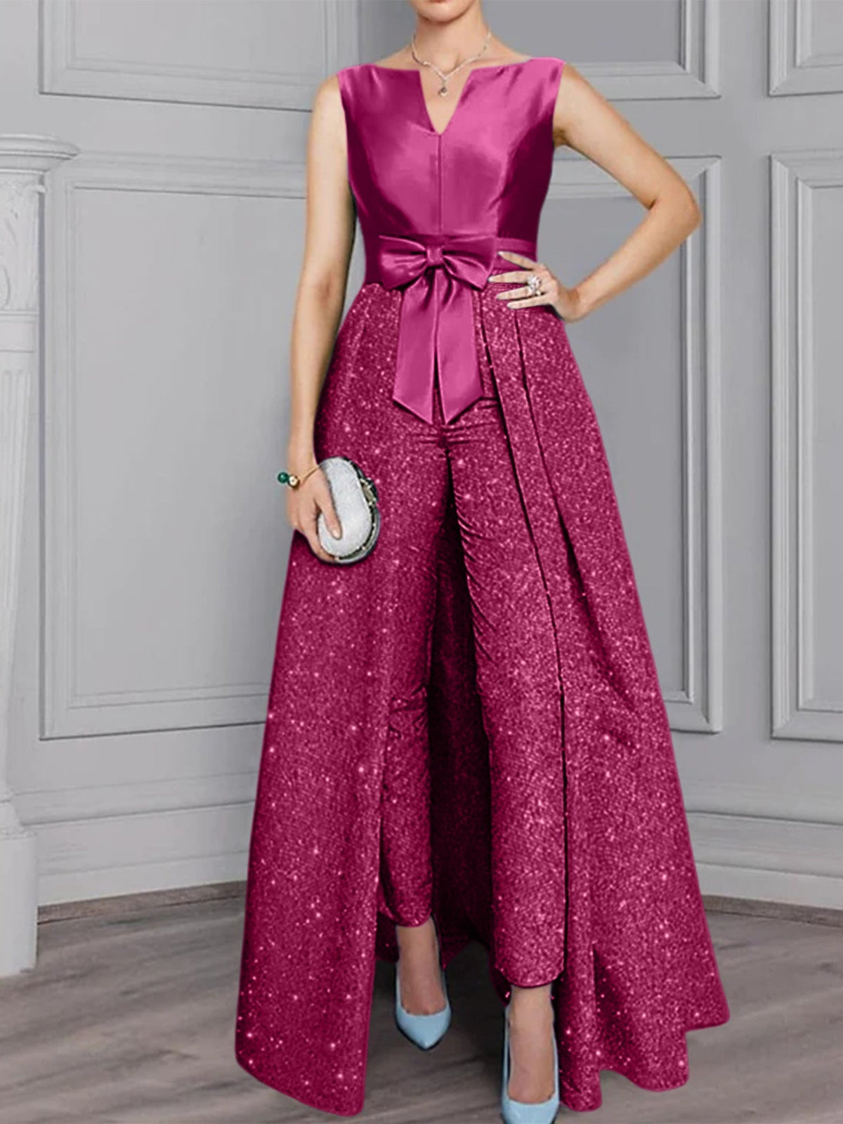 2 Piece Long Sleeve Mother of the Bride Pantsuit with Sash and Sequins