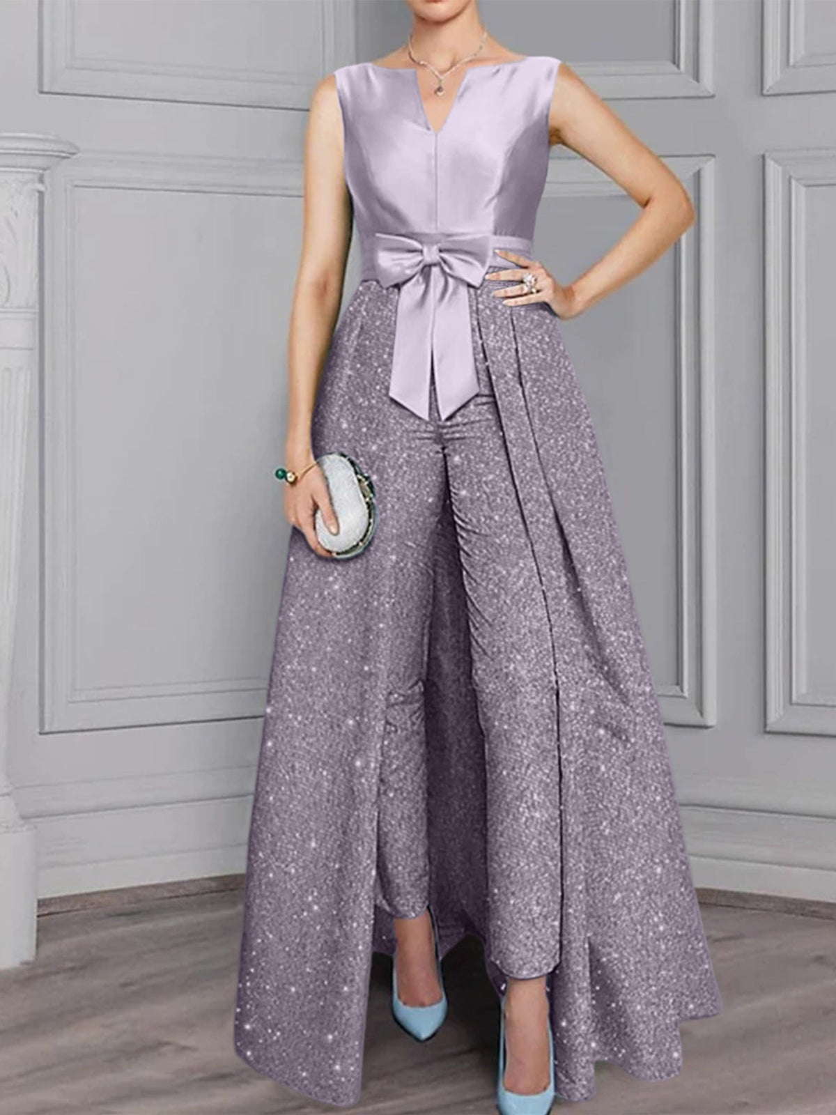 2 Piece Long Sleeve Mother of the Bride Pantsuit with Sash and Sequins