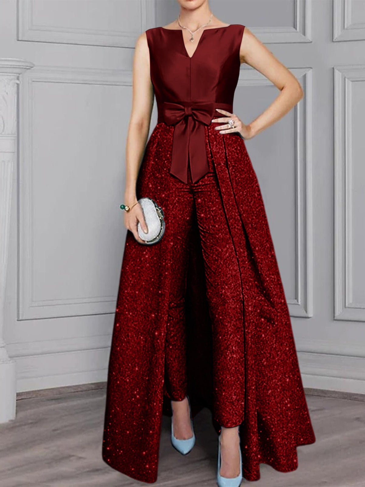 2 Piece Long Sleeve Mother of the Bride Pantsuit with Sash and Sequins